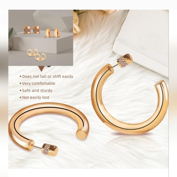 14K Rose Gold Hoop Earrings for Women, Lightweight Open Chunky Hoops - Picture 5 of 6